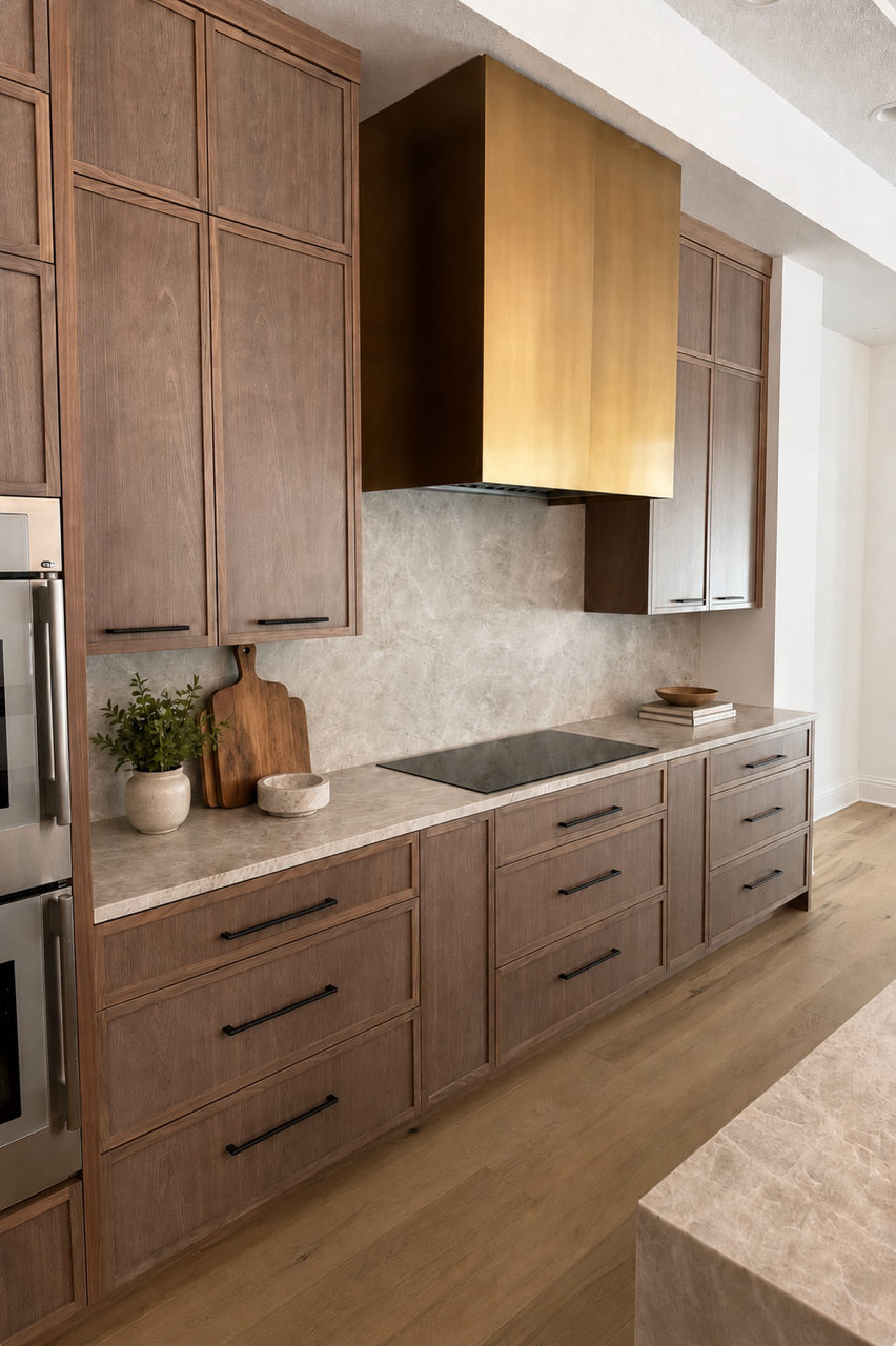A finished custom kitchen with walnut cabinetry, brass range hood, and stone countertops.